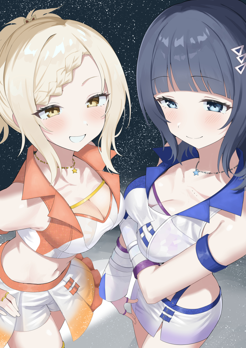 2girls absurdres arm_under_breasts asaka_karin black_hair blonde_hair blue_eyes blunt_bangs blush braid braided_bangs breasts cleavage closed_mouth collarbone commentary_request crop_top fingerless_gloves gloves highres jewelry large_breasts looking_at_viewer love_live! love_live!_nijigasaki_high_school_idol_club midriff miyashita_ai multiple_girls navel necklace ponytail race_queen shorts showgirl_skirt skirt smile standing star_(symbol) star_necklace white_gloves white_shorts white_skirt yellow_eyes yuu_(shampoohatslime)