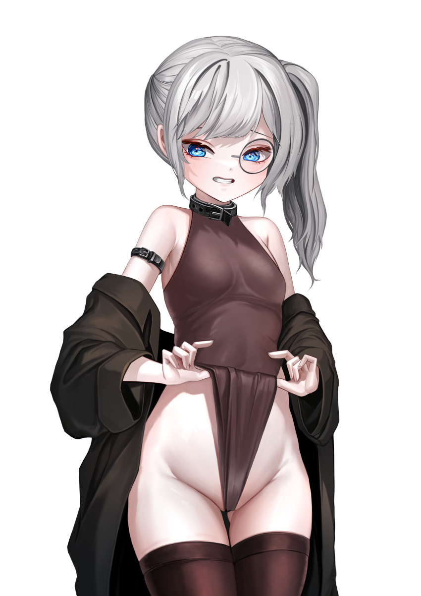 1girl absurdres artist_request bare_shoulders black_jacket blue_eyes breasts brown_leotard brown_thighhighs commentary_request commission cowboy_shot grey_hair grin highres jacket jacket_partially_removed korean_commentary leotard long_hair looking_at_viewer monocle original second-party_source side_ponytail simple_background small_breasts smile solo thigh_gap thighhighs white_background