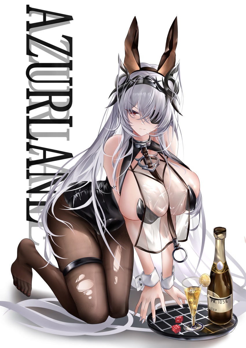 1girl absurdres animal_ears azur_lane bare_shoulders black_leotard bottle breast_curtain breasts brown_pantyhose chinese_commentary copyright_name dice eyepatch fake_animal_ears fritz_rumey_(azur_lane) fritz_rumey_(schwarzes_kaninchen)_(azur_lane) highres huge_breasts iue_(artist) leotard long_hair official_alternate_costume pantyhose playboy_bunny rabbit_ears red_eyes see-through_breast_curtain simple_background thigh_strap torn_clothes torn_pantyhose v_arms very_long_hair white_background white_hair white_wrist_cuffs wrist_cuffs