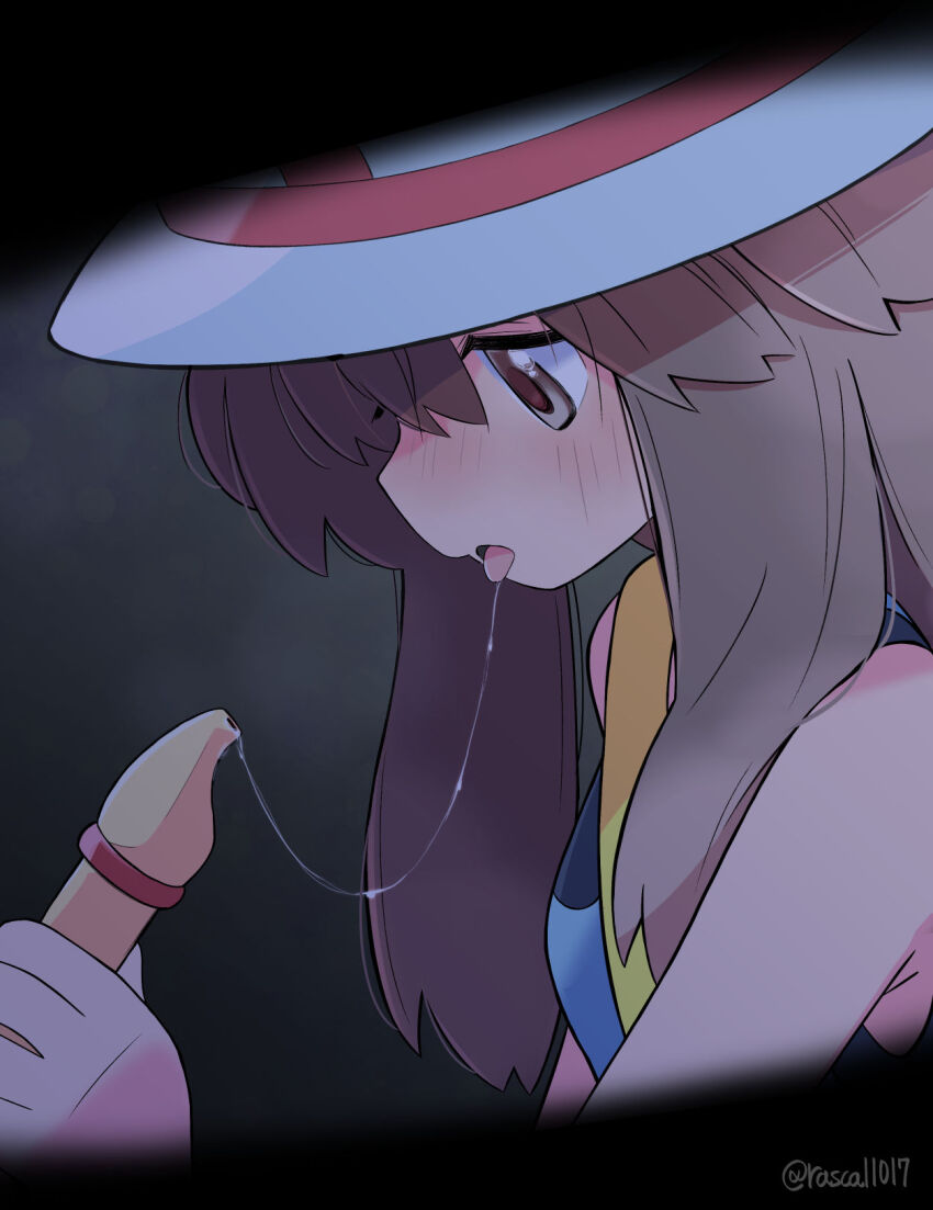 1girl bare_shoulders blue_tank_top blush brown_eyes brown_hair flute from_side hat highres holding holding_flute holding_instrument instrument leaf_(pokemon) long_hair nintendo open_mouth poke_flute pokemon pokemon_frlg profile rascal_(feuille) saliva saliva_trail sexually_suggestive solo tank_top tongue tongue_out white_hat