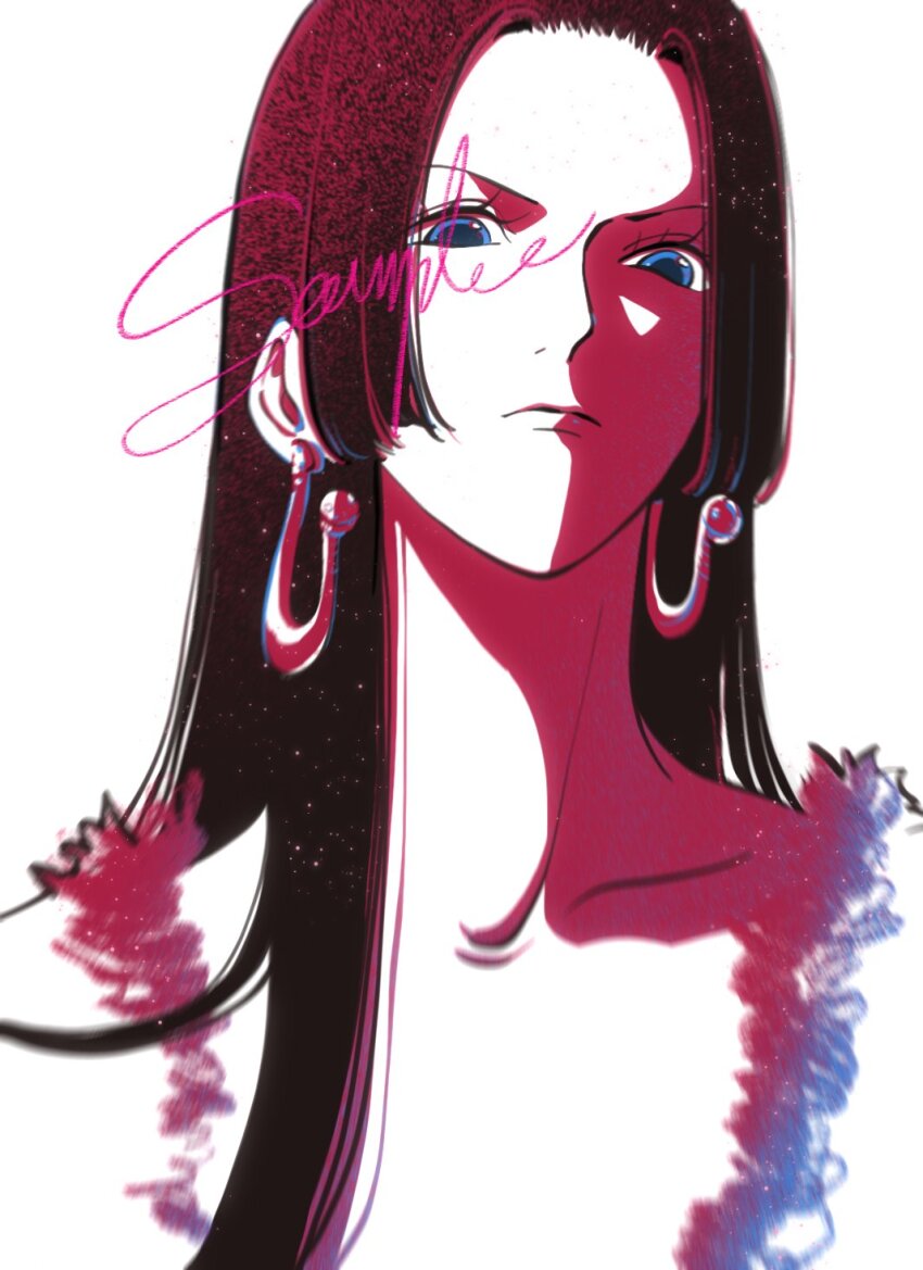 1girl black_hair blue_eyes boa_hancock closed_mouth commentary earrings eyelashes fengcheche highres jewelry long_hair looking_at_viewer one_piece sample_watermark simple_background snake_earrings solo symbol-only_commentary upper_body watermark white_background