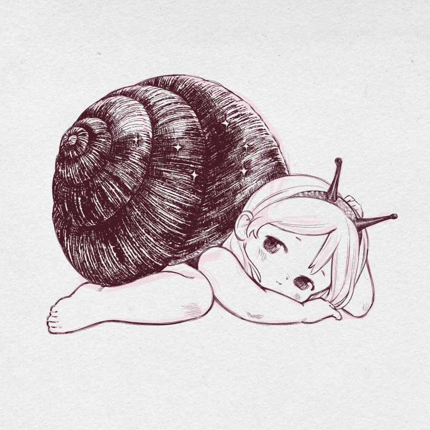 1girl absurdres antennae barefoot blush child commentary english_commentary highres lineart looking_at_viewer monochrome monster_girl original shell short_hair simple_background snail_girl snail_shell solo traditional_media vampire_valentine white_background