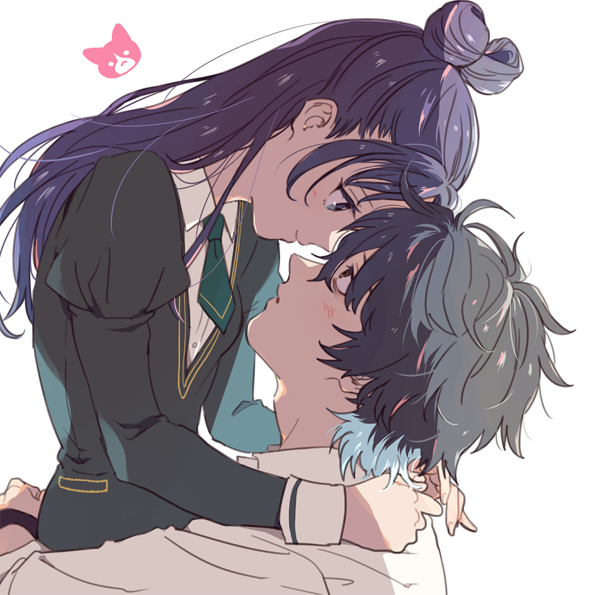 1boy 1girl black_hair blush colored_tips eye_contact guttary hetero highres hug juliet_sleeves long_hair long_sleeves looking_at_another magami_keigo miyao_nemu multicolored_hair puffy_sleeves purple_hair white_background witch_watch