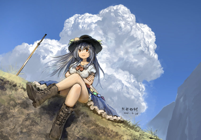 1girl artist_name black_hat blue_hair blue_sky boots bow bowtie breasts brown_boots closed_mouth cloud commentary crossed_arms crossed_legs dated day frilled_skirt frills hat hat_ornament highres hinanawi_tenshi lace-up_boots leaf_hat_ornament long_hair looking_at_viewer outdoors peach_hat_ornament planted planted_sword planted_weapon puffy_short_sleeves puffy_sleeves rainbow_order red_bow red_bowtie red_eyes shirt short_sleeves skirt sky smile solo sword sword_of_hisou touhou weapon white_shirt zhuxie1264852