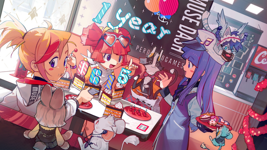 3girls :d ahoge anniversary artist_name bag bandana beamed_eighth_notes bench blonde_hair blue_dress blue_eyes blue_hair blush_stickers buro_(muse_dash) buro_(pilot)_(muse_dash) cafe cake cake_slice cat cellphone cherry copyright_name creature creature_on_head cupcake dress eyewear_on_head fingernails flat_cap food food_on_face fruit glasses hat heart heart-shaped_eyewear highres holding holding_food holding_fruit holding_phone hood hood_down hoodie indoors knoll_the_plaid long_hair looking_at_another marija_(muse_dash) marija_(violinist)_(muse_dash) medium_hair mouse_(animal) multicolored_hair multiple_girls muse_dash musical_note official_art open_mouth paper_bag phone pink_eyes pink_hair plate ponytail purple_eyes red_hair rin_(bassist)_(muse_dash) rin_(muse_dash) second-party_source shirt short_ponytail short_twintails sidelocks sitting smartphone smile soda_fountain streaked_hair table twintails two-tone_hair white_bandana white_hat white_hoodie white_shirt wristband yellow_shirt