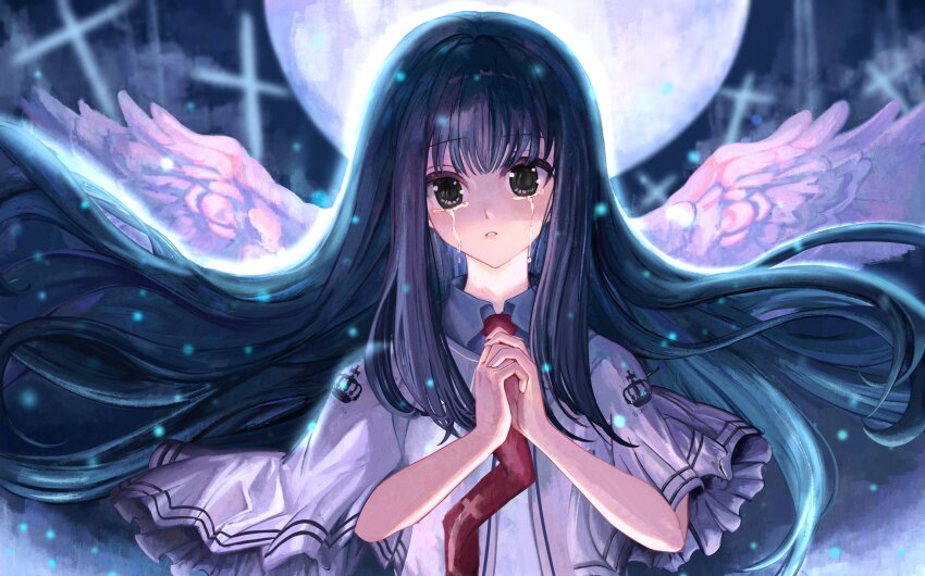 1girl angel angel_wings black_eyes black_hair blurry blurry_background capelet collared_shirt cross crying floating_hair full_moon glowing glowing_hair hair_between_eyes hands_up hashtag-only_commentary highres interlocked_fingers light_particles long_hair looking_at_viewer moon necktie outdoors own_hands_together parted_lips red_necktie saayartworks sad school_uniform shirt sidelocks solo streaming_tears subarashiki_hibi takashima_zakuro tears upper_body very_long_hair white_capelet white_shirt white_wings wings