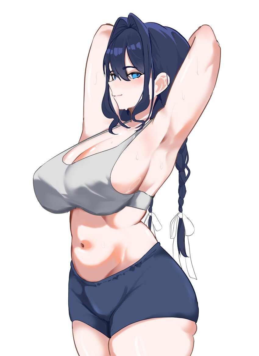 1girl absurdres armpits arms_up black_hair blue_eyes blue_shorts braid breasts cleavage closed_mouth grey_sports_bra hair_intakes hair_ribbon highres hololive hololive_english huge_breasts koizumi_arata long_hair looking_at_viewer low_twin_braids navel ouro_kronii ribbon short_shorts shorts simple_background solo sports_bra sweat twin_braids virtual_youtuber white_background white_ribbon