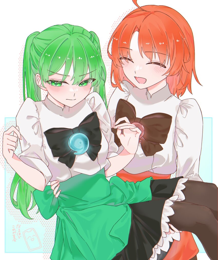 2girls ahoge black_bow black_pantyhose blush bow carrying dpw6p39pwizgzdz fate/grand_order fate_(series) green_eyes green_hair green_skirt hibino_hibiki highres katsuragi_chikagi magatama multiple_girls orange_hair orange_skirt pantyhose princess_carry shirt skirt twintails white_shirt