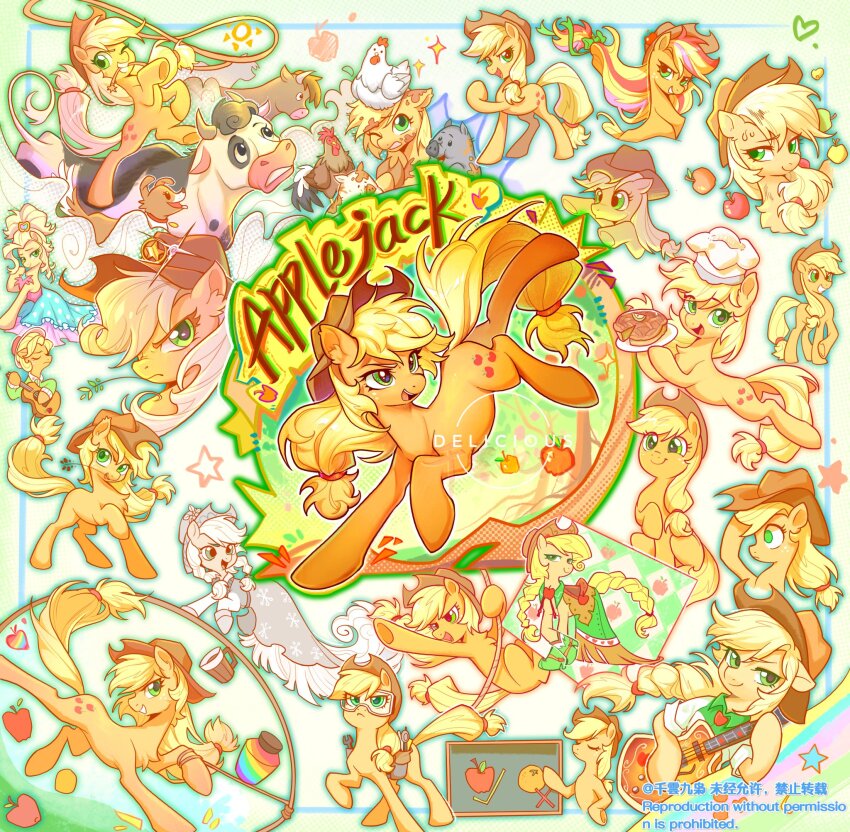 1girl animal animal_ears animal_focus apple apple_jewel apple_pie applejack applejack_(equestria_girls) bird blonde_hair body_fur braid braided_tail brown_hat character_name chef_hat chicken commentary cow cowboy_hat cowgirl_(western) creature_and_personification dog dress english_commentary food freckles fruit furrification furry furry_female goggles grand_galloping_gala green_dress green_eyes guitar hat highres holding holding_food holding_guitar holding_instrument holding_plate horse_ears instrument jam jficbcpcr6eyujo lasso long_hair looking_at_viewer low-tied_long_hair multicolored_hair multiple_persona multiple_views my_little_pony my_little_pony:_equestria_girls my_little_pony:_friendship_is_magic official_alternate_costume official_alternate_hairstyle orange_(fruit) orange_fur personification pie pig plate pony_(animal) rainbow_power_(my_little_pony) rope saddlebags scene_reference sign single_braid streaked_hair tail very_long_hair watermark winona_(my_little_pony) zap_apple_(my_little_pony) zap_apple_jam_(my_little_pony)