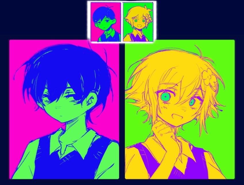 2boys antenna_hair back-to-back bags_under_eyes basil_(faraway)_(omori) basil_(omori) black_border blonde_hair blue_eyes blue_hair blue_sweater_vest border clenched_hand closed_mouth collarbone collared_shirt colored_skin double-parted_bangs empty_eyes flower green_background green_eyes green_shirt green_skin hair_between_eyes hair_flower hair_ornament hand_up hapr_(noneprice) looking_at_viewer male_focus multiple_boys omori open_mouth pink_background portrait purple_sweater_vest reference_inset shirt short_hair sideways_glance smile sunny_(omori) sweater_vest wide-eyed yellow_shirt yellow_skin