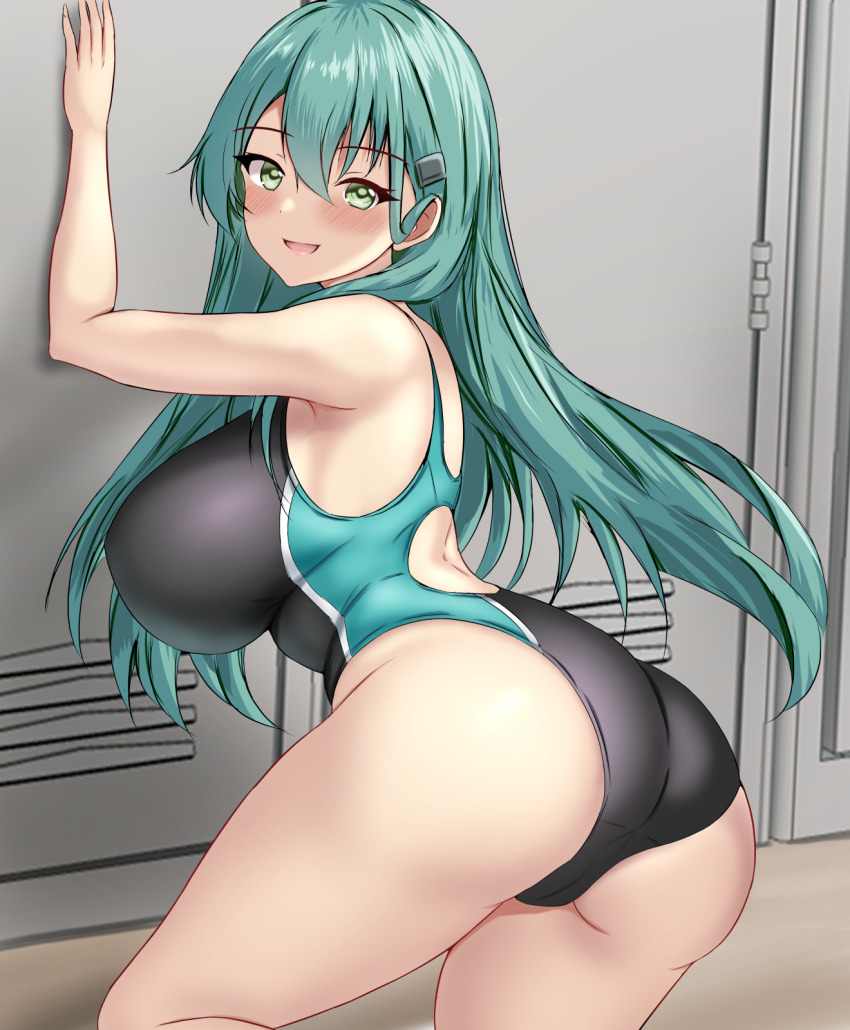 1girl against_locker aqua_eyes aqua_hair ass back black_one-piece_swimsuit blush breasts competition_swimsuit hair_ornament hairclip highres huge_breasts indoors kantai_collection large_breasts locker locker_room long_hair looking_at_viewer montemasa one-piece_swimsuit smile solo suzuya_(kancolle) swimsuit