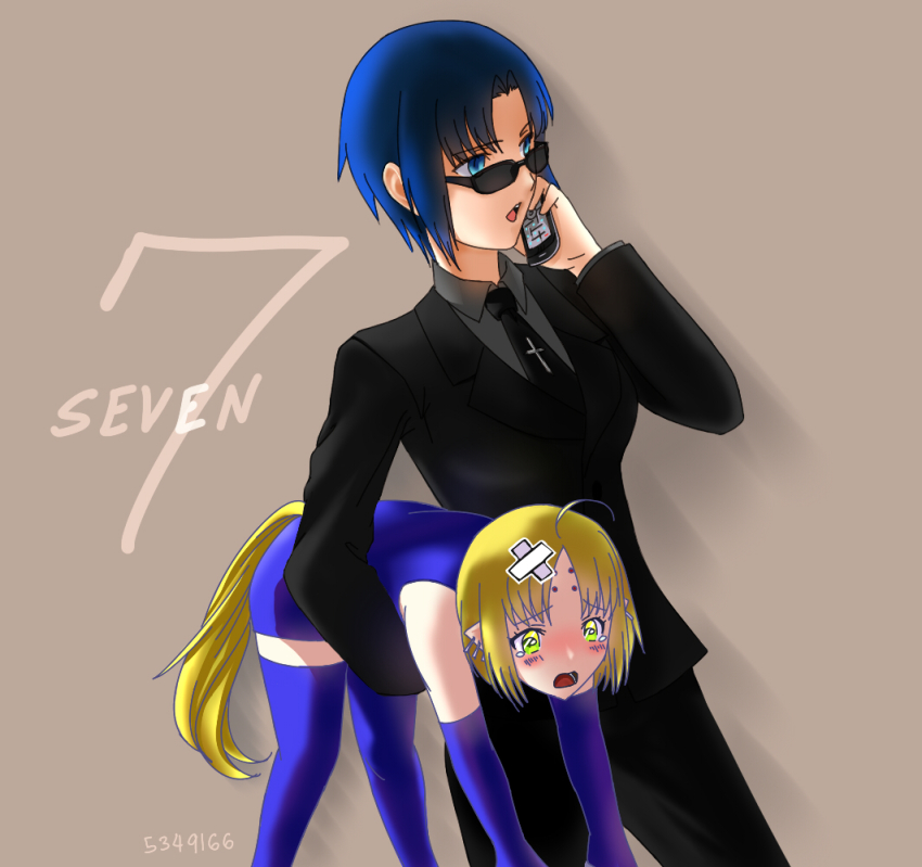 00s 2girls ahoge alternate_costume bandaid blonde_hair blue_eyes blue_gloves blue_hair blue_thighhighs carrying cellphone ciel_(tsukihime) elbow_gloves formal_clothes gloves green_eyes multiple_girls nanako nanako_(tsukihime) necktie oceanbellereine pant_suit pants phone short_hair suit sunglasses tail thighhighs tsukihime unitard zettai_ryouiki