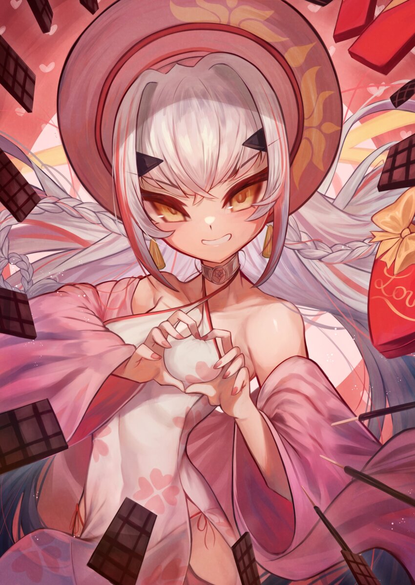 1girl absurdres ao_dai bare_shoulders bow braid breasts candy chocolate chocolate_bar choker covered_navel cowboy_shot detached_sleeves dress earrings fate/grand_order fate_(series) floating_hair floral_print food grey_hair grin hat heart heart-shaped_boob_challenge heart_hands highres jewelry khan_van light_particles long_hair looking_at_viewer m0_chi melusine_(fate) multicolored_hair panties pink_hair pink_nails pocky red_panties revision side-tie_panties side_slit small_breasts smile solo streaked_hair string_panties thighhighs underwear v-shaped_eyebrows valentine very_long_hair vietnamese_clothes white_hair yellow_bow yellow_eyes