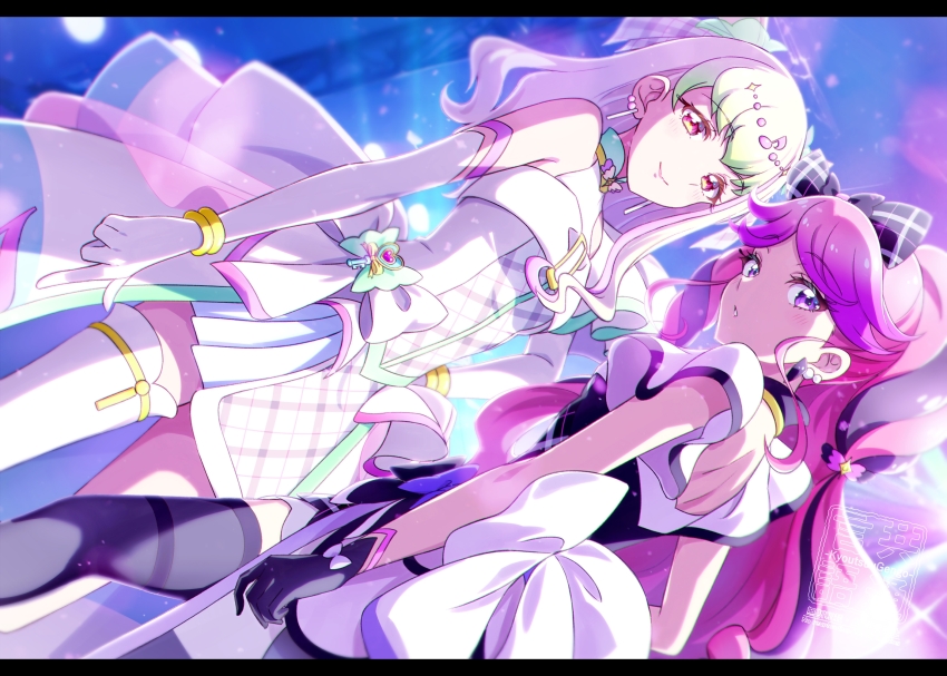 2girls artist_logo bare_arms bare_back bare_shoulders black_gloves black_hair blonde_hair blunt_bangs blush boots bracelet braid choker cure_kiss cure_zukyuun dress earrings elbow_gloves eyelashes facing_viewer finger_gun fortissimo frilled_dress frilled_ribbon frilled_skirt frilled_sleeves frills full_body gingham_dress gloves green_eyes hair_extensions hair_ornament hair_ribbon hair_tie hair_wings heart-shaped_lock highres jewelry kimi_to_idol_precure knee_boots kneehighs kyoutsuugengo logo long_hair looking_at_viewer looking_back multiple_earrings multiple_girls musical_note musical_note_hair_ornament open_mouth parted_bangs pearl_earrings pink_hair precure purple_eyes red_eyes ribbon ribbon_choker short_sleeves signature single_bare_leg single_bare_shoulder skirt sleeveless smile socks turning_around twin_braids twintails very_long_hair watermark white_gloves wing_hair_ornament wrist_cuffs