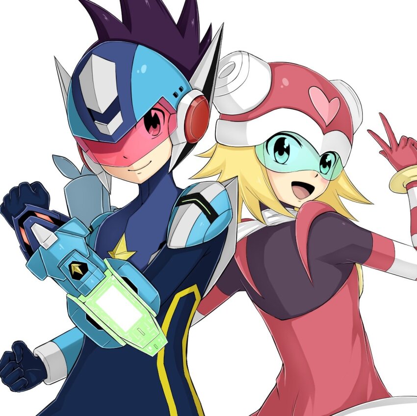 1boy 1girl abyss_arts armor assault_visor back-to-back blonde_hair blue_bodysuit blue_helmet bodysuit brown_eyes brown_hair clenched_hands dress green-tinted_eyewear green_eyes harp_note_(mega_man) heart helmet looking_at_viewer looking_back medium_hair mega_man_(series) mega_man_star_force_(series) mega_man_star_force_3 power_armor red-tinted_eyewear red_dress red_helmet simple_background smile spiked star_force_mega_man tinted_eyewear v white_background