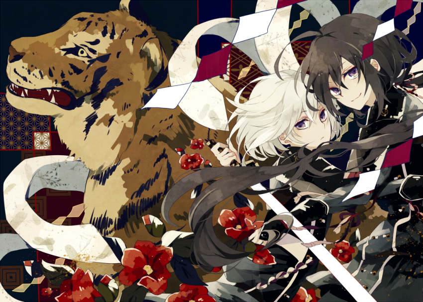 10s 2boys ahoge asa_no_ha_(pattern) black_hair flower honebami_toushirou male_focus military military_uniform multiple_boys namazuo_toushirou ponytail purple_eyes sagatsu_(miicat) satsuki_(miicat) smile tiger touken_ranbu white_hair