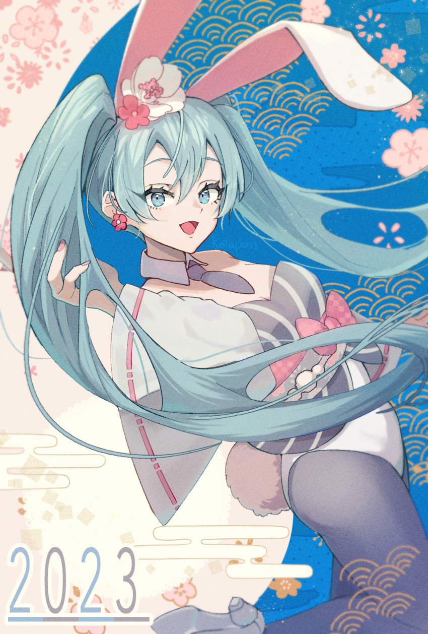 1girl 2023 :d animal_ears aqua_hair artist_name black_necktie black_pantyhose blue_eyes bow breasts chinese_zodiac cleavage collar commentary_request detached_collar earrings fake_tail flower flower_earrings hair_between_eyes hatsune_miku highres jewelry kotatsukarakita leotard long_hair necktie nontraditional_playboy_bunny open_mouth pantyhose pink_bow pink_flower playboy_bunny rabbit_ears rabbit_tail shoes smile solo tail tongue twintails very_long_hair vocaloid white_collar white_shoes wide_sleeves year_of_the_rabbit