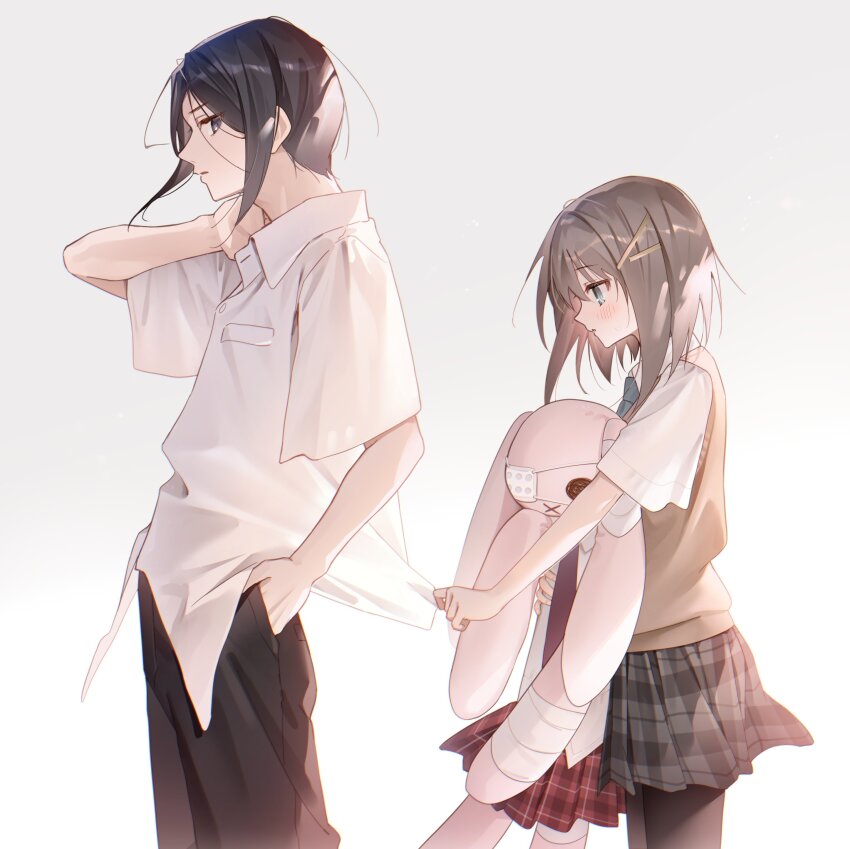 1boy 1girl absurdres aqua_eyes black_eyes black_hair black_pantyhose black_skirt blush brother_and_sister brown_hair brown_sweater_vest clothes_grab dress_shirt eyepatch from_side grey_background hair_ornament hairclip hand_in_pocket hand_on_own_neck height_difference highres looking_at_another looking_back looking_down mamiya_hasaki miniskirt mofukoke pants pantyhose plaid_clothes plaid_skirt pleated_skirt school_uniform shirt shirt_grab short_hair short_sleeves siblings simple_background skirt stuffed_animal stuffed_rabbit stuffed_toy subarashiki_hibi sweater_vest white_shirt x_mouth yuuki_tomosane