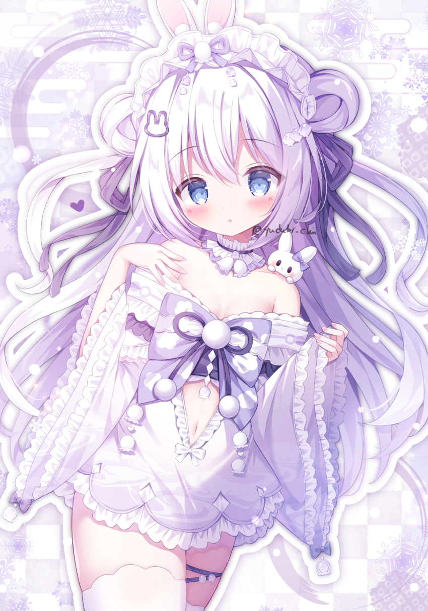 1girl animal_ears bad_tag bare_shoulders blue_eyes blush breasts double_bun dress hair_bun hair_ornament highres japanese_clothes long_hair maid_headdress navel off_shoulder original rabbit rabbit_ears ribbon solo thigh_strap thighhighs virtual_youtuber white_hair white_thighhighs wide_sleeves yuduki_pdx