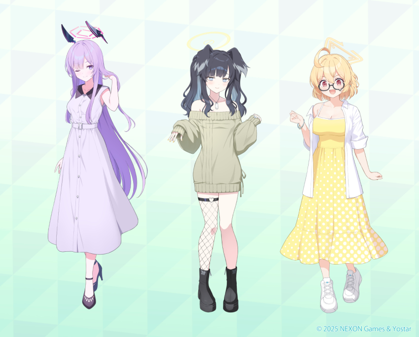 3girls ahoge animal_ear_hairband animal_ears bare_shoulders black_hair black_shoes blonde_hair blue_archive blue_eyes blush breasts cleavage clenched_hand dog_ears dog_girl dog_tags dress fake_animal_ears fishnet_thighhighs fishnets green_sweater hair_between_eyes hairband hand_in_own_hair heart-shaped_lock hibiki_(blue_archive) high_heels kotori_(blue_archive) long_hair looking_at_another looking_at_viewer matanonki medium_hair multiple_girls one_eye_closed purple_eyes purple_hair rabbit_ear_hairband rabbit_ears red_eyes shirt shoes sidelocks single_thighhigh sleeveless sleeveless_dress smile strapless strapless_dress sweater sweater_dress thigh_strap thighhighs utaha_(blue_archive) white_dress white_shirt white_shoes yellow_dress