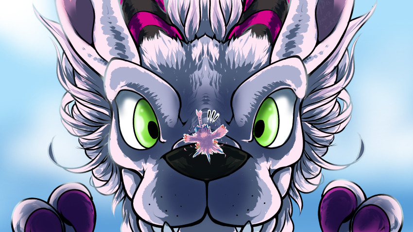 claws digimon digimon_(creature) dragon green_eyes highres holydramon horns pink_fur piyomon sharp_teeth teeth wings