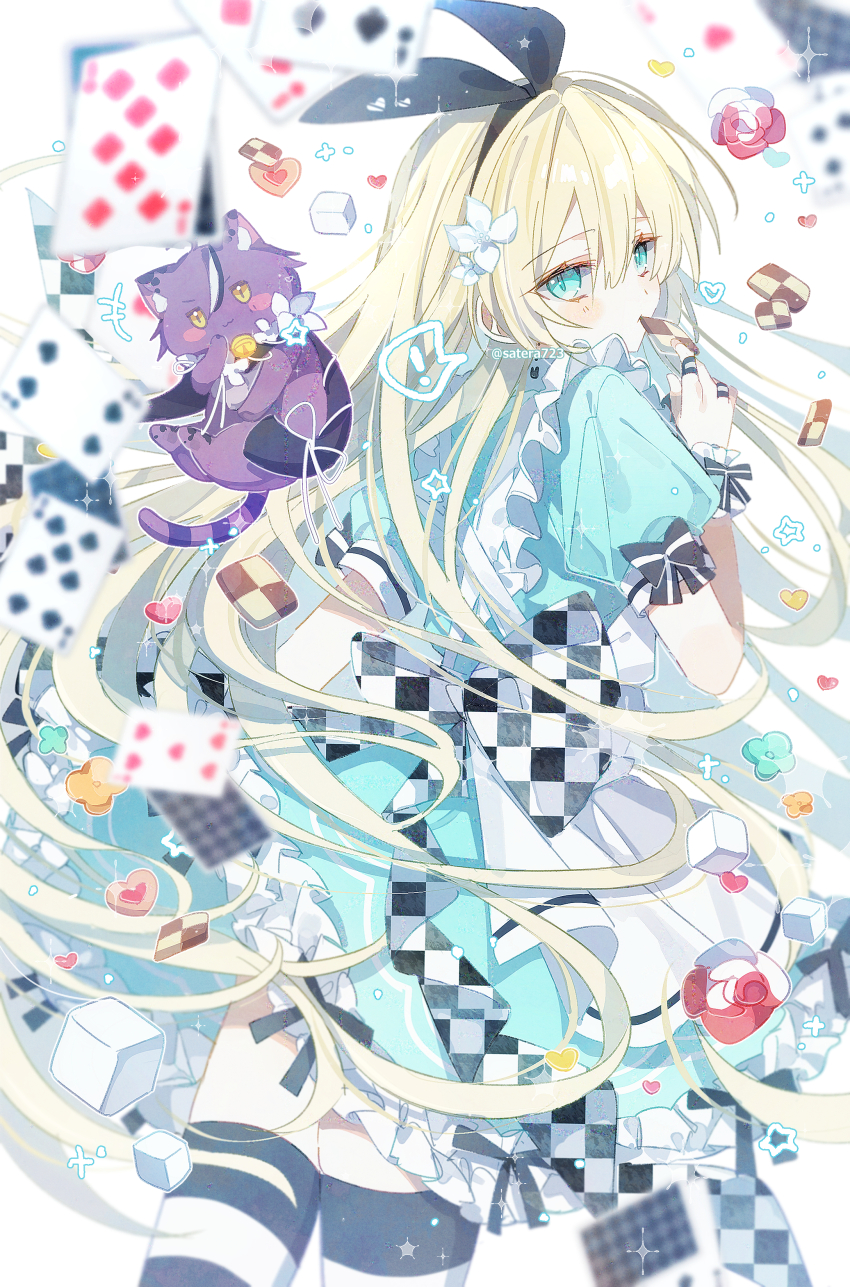 1girl absurdres alice&#039;s_adventures_in_wonderland alice_(alice_in_wonderland) apron aqua_dress aqua_eyes blonde_hair card cat cookie cowboy_shot dress food from_behind hand_up highres holding holding_cookie holding_food long_hair playing_card puffy_sleeves purple_cat solo striped_clothes striped_thighhighs thighhighs white_apron yakinikusakoku