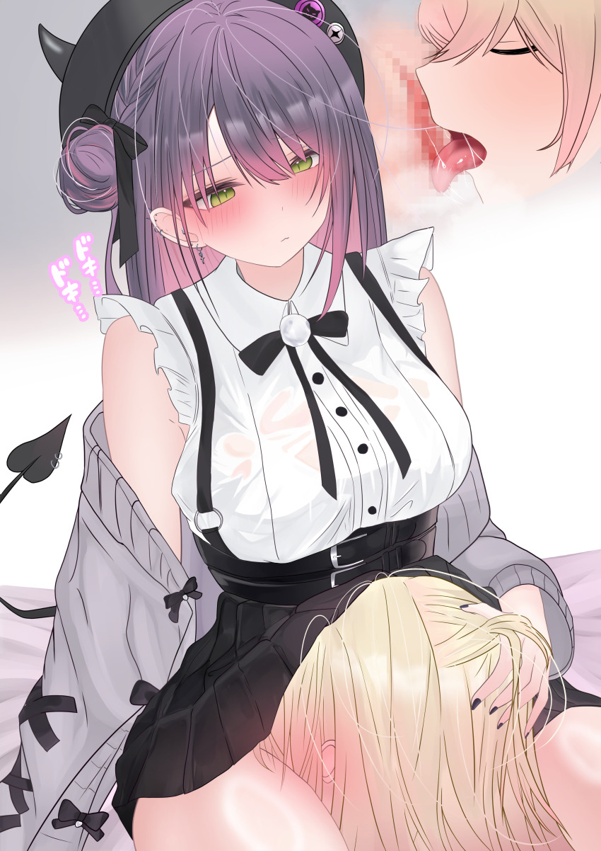 2girls absurdres belt blush bra_visible_through_clothes braid breasts censored closed_eyes cunnilingus demon_horns demon_tail earrings frills green_eyes hand_on_another&#039;s_head hat highres hololive horns jewelry large_breasts momosuzu_nene multiple_girls oral oyashiro_ooo purple_hair pussy skirt suspender_skirt suspenders sweater tail tokoyami_towa tokoyami_towa_(jirai_kei) virtual_youtuber yuri