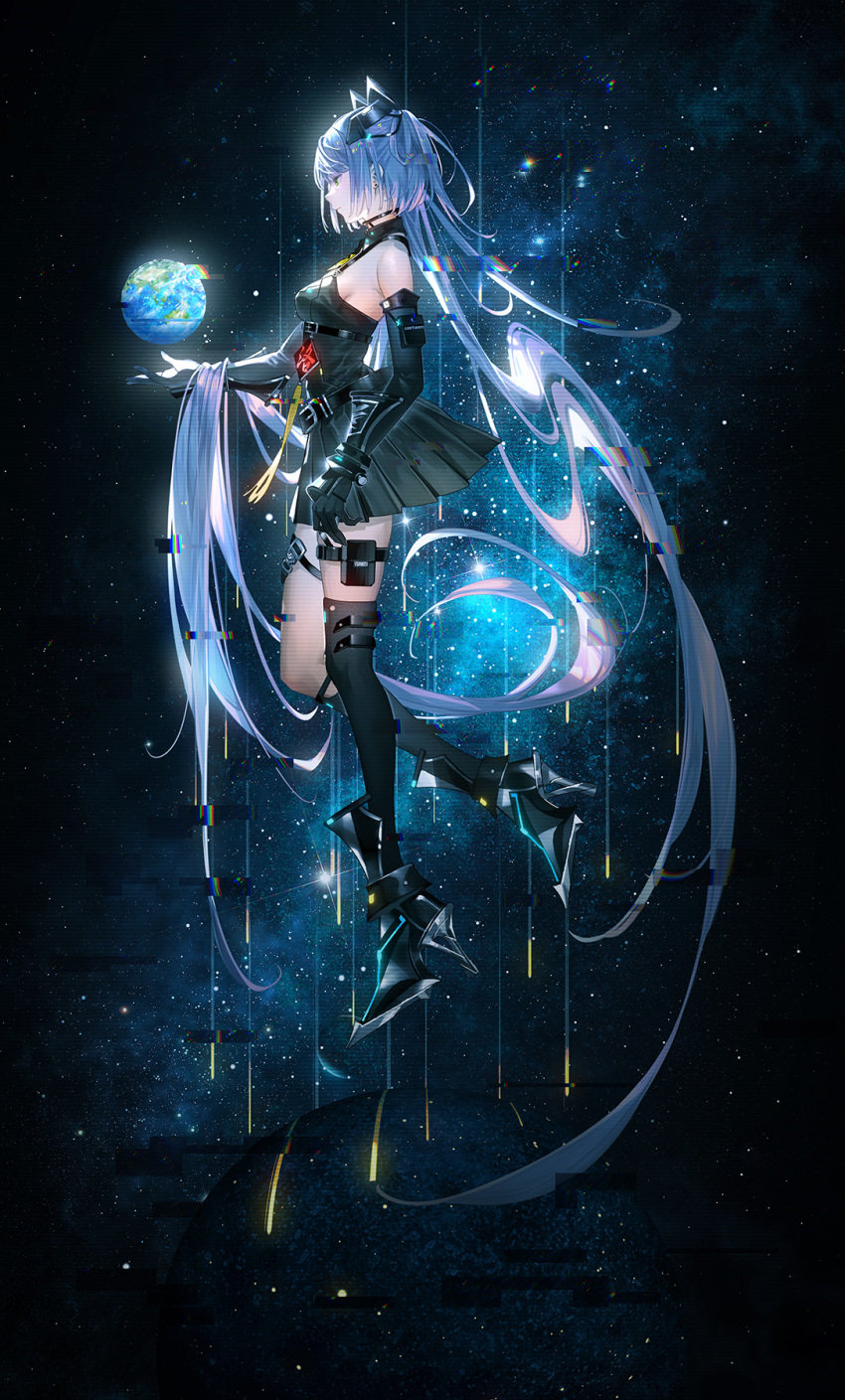 1girl artist_request asymmetrical_legwear bare_shoulders belt belt_buckle black_dress boots bracer buckle detached_collar dress earth_(planet) elbow_gloves glitch gloves green_eyes high_heels highres holster long_hair luo_tianyi official_alternate_costume official_art planet pleated_dress scanlines solo space star_(sky) thigh_holster thigh_strap thighhighs very_long_hair vocaloid vsinger_(vocaloid)