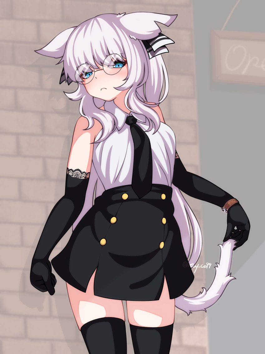 1girl animal_ears bare_shoulders black_gloves black_necktie black_skirt black_thighhighs blue_eyes bow brave_sword_x_blaze_soul closed_mouth collared_shirt commentary_request cropped_legs dress_shirt elbow_gloves gloves hair_bow hair_over_shoulder high-waist_skirt highres holding_own_tail long_hair looking_at_viewer necktie outdoors ray_co99 round_eyewear shirt signature skirt sleeveless sleeveless_shirt solo striped_bow tail thighhighs watch white_hair white_shirt wing_collar wristwatch zettai_ryouiki