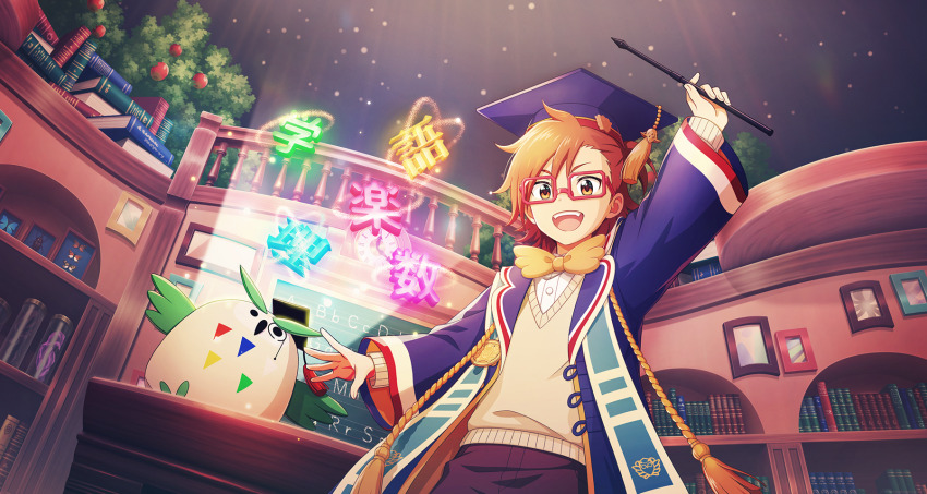 1boy alphabet bird bookshelf bow bowtie brown_eyes brown_hair child classroom fingernails glasses hat highres idolmaster idolmaster_side-m idolmaster_side-m_growing_stars long_sleeves looking_at_viewer magic male_focus official_art owl picture_frame red-framed_eyewear school_uniform solo tachibana_shiro_(idolmaster) wide_sleeves yellow_bow yellow_bowtie