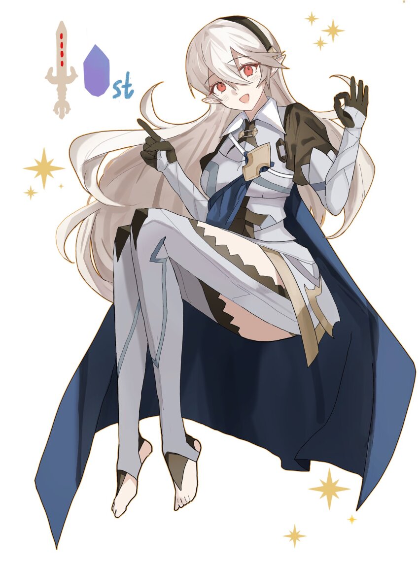 1girl armor barefoot black_hairband blue_cape breasts cape dragonstone female_corrin_(fire_emblem) fffera fire_emblem fire_emblem_fates gloves grey_hair hair_between_eyes hair_ornament hairband highres long_hair looking_at_viewer medium_breasts nintendo open_mouth pointy_ears red_eyes simple_background smile solo thighs white_hair yato_(fire_emblem)