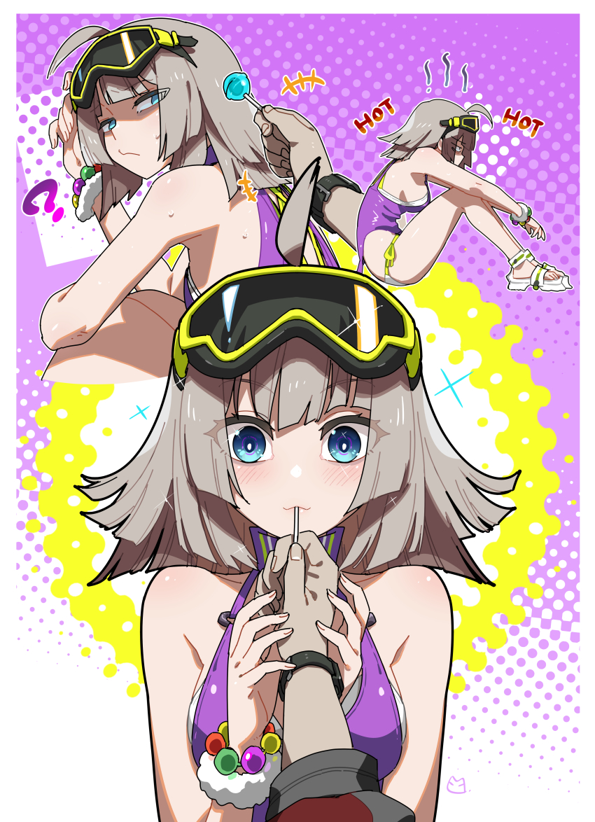 aa-12_(girls&#039;_frontline) absurdres armpits blue_eyes bracelet brown_hair candy food girls&#039;_frontline girls&#039;_frontline_2:_exilium highres jewelry lollipop miharu_(cgsky) one-piece_swimsuit sandals short_hair swimsuit white_sandals