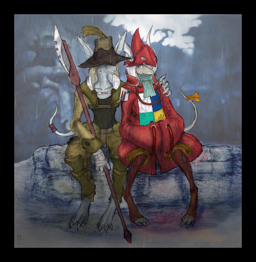 00s 1boy 1girl animal_ears barefoot blue_eyes burmecian claws couple final_fantasy final_fantasy_ix fratley freija_crescent halberd hat hat_over_eyes hat_over_one_eye hetero hug mouse_ears mouse_tail one_eye_covered polearm rain ribbon tail tail_ornament tail_ribbon toeless_legwear toes weapon white_hair wide_sleeves zaeta-k