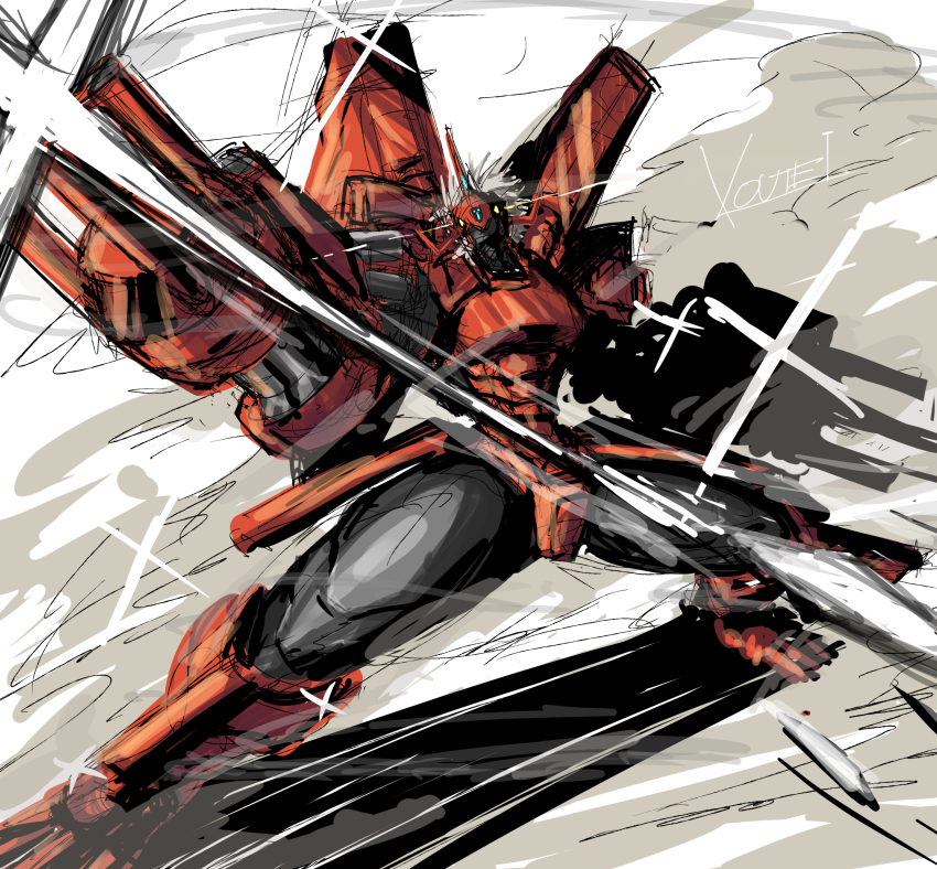absurdres arm_cannon armor blitzgreymon cyborg digimon digimon_(creature) dragon full_body glint glowing glowing_eyes grey_hair highres horns koutei_teki red_armor short_hair sketch solo vernier_thrusters weapon yellow_eyes