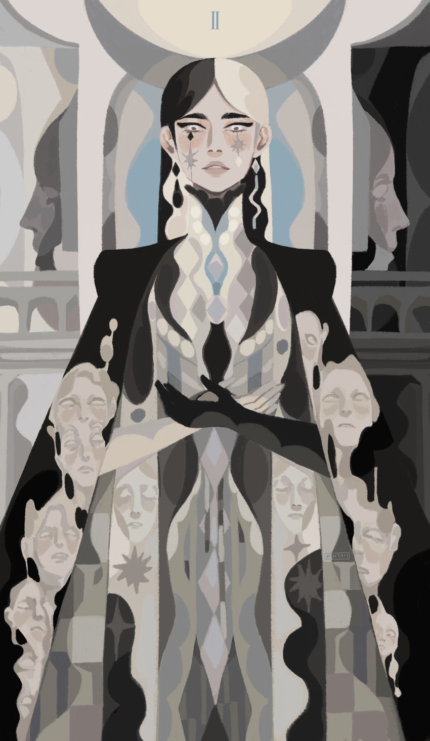 1girl absurdres architecture asymmetrical_gloves black_gloves black_hair cape card_(medium) commentary dress earrings english_commentary eyeliner face_print gloves grey_dress hands_up high_collar highres indoors jewelry long_hair looking_at_viewer makeup mismatched_earrings mismatched_gloves multicolored_hair muted_color original parted_hair parted_lips pillar print_cape print_dress roman_numeral solo spearmintaii split-color_hair star_(symbol) star_on_cheek symmetry tarot tarot_(medium) the_high_priestess_(tarot) upper_body white_eyes white_gloves white_hair