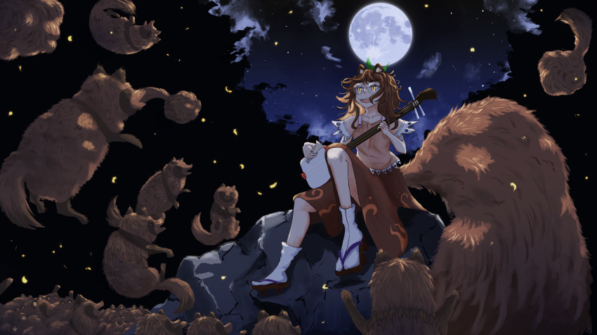 absurdres futatsuiwa_mamizou glasses highres leaf leaf_on_head moon nibositaberu night pince-nez raccoon_girl raccoon_tail sitting tail tanuki touhou