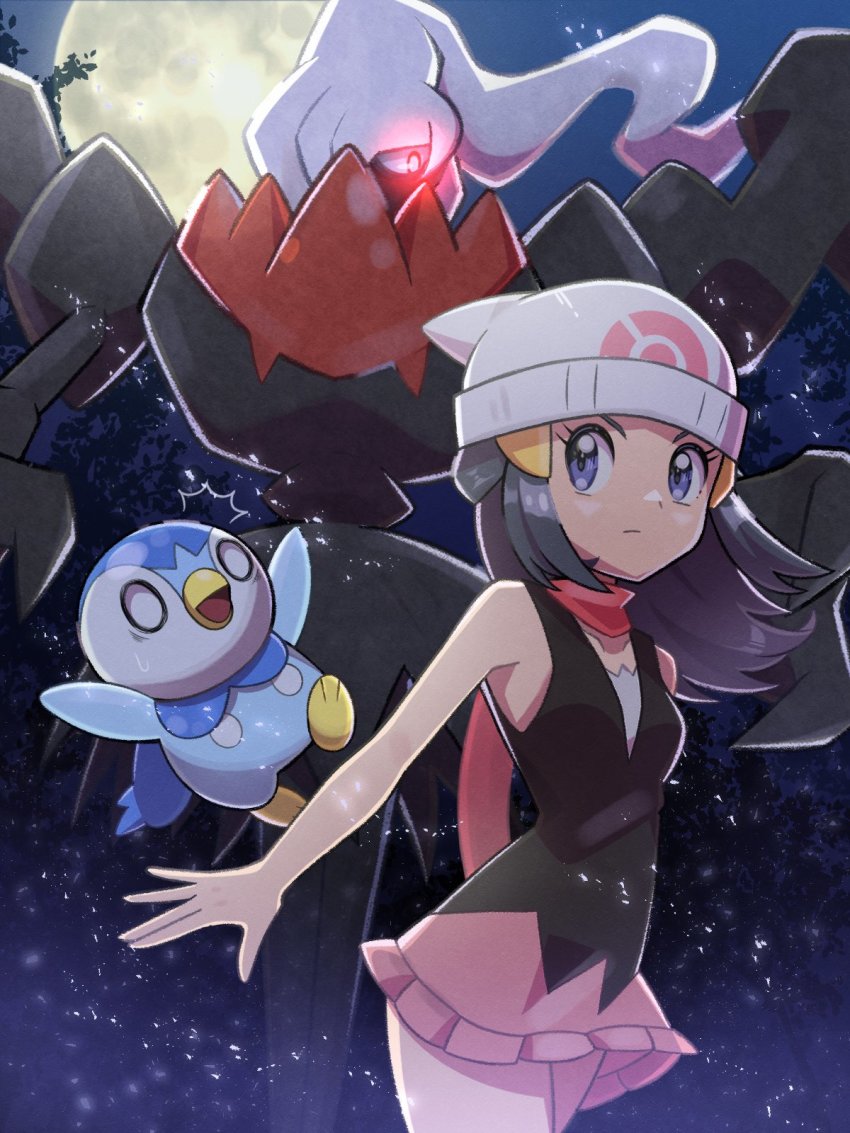 0_0 1girl beanie blue_eyes creatures_(company) darkrai dawn_(pokemon) dress game_freak gen_4_pokemon glowing glowing_eye hat highres inana_umi legendary_pokemon looking_at_another moon mythical_pokemon night nintendo piplup pokemon pokemon_(creature) pokemon_dppt red_eyes scarf sky sleeveless sleeveless_dress star_(sky) starry_sky surprised v-shaped_eyebrows