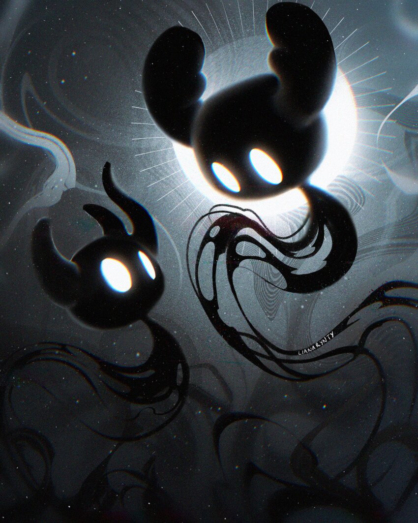 2others absurdres black_skin blank_eyes colored_skin dissolving floating grey_background highres hollow_knight horns lianarynty looking_at_another multiple_others no_humans shade_(hollow_knight) signature star_(sky) striped_background twitter_username