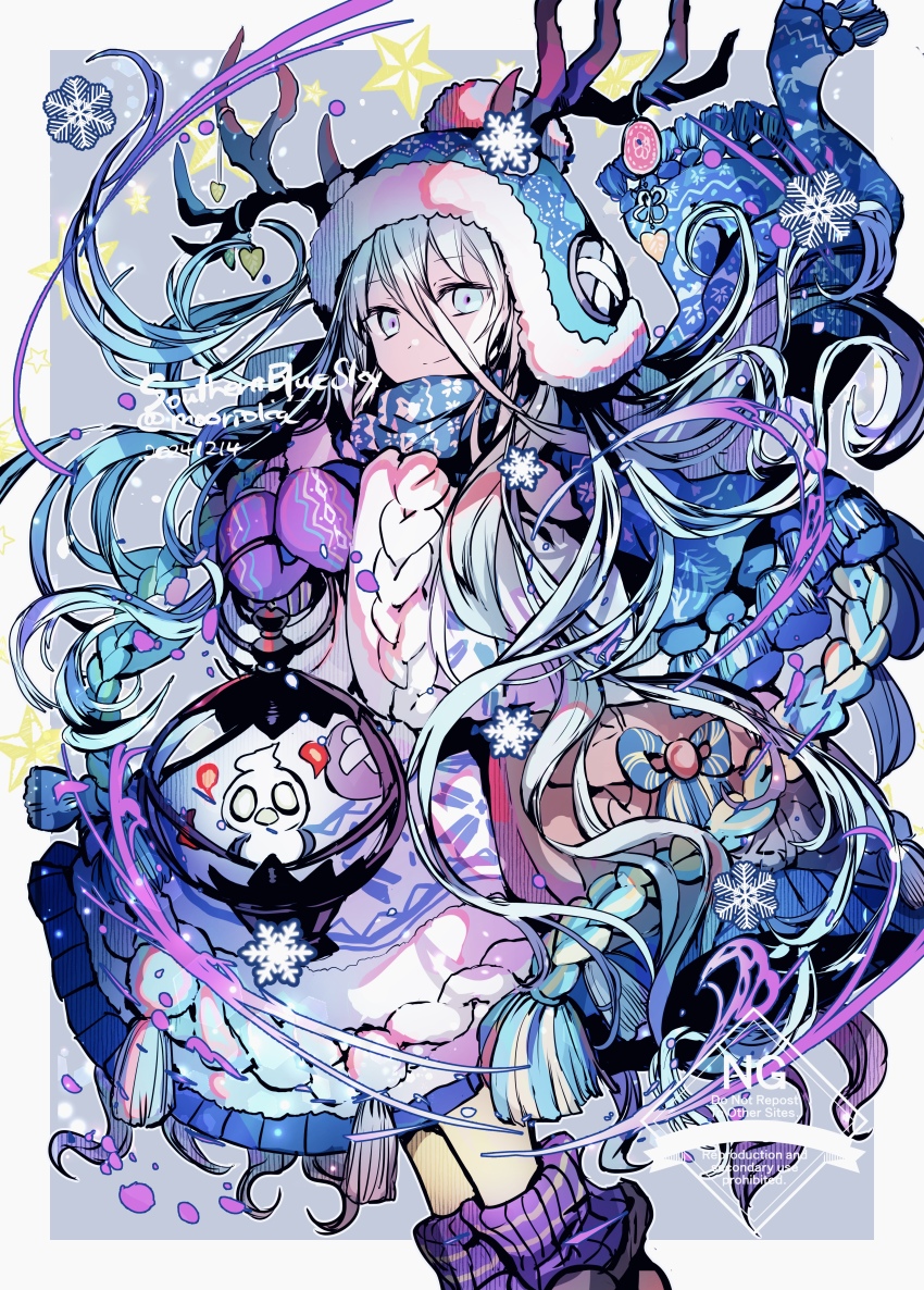 1girl absurdres antlers beanie bird blue_hat blue_scarf breasts fate/grand_order fate_(series) hair_between_eyes hat highres horns lamp long_hair long_sleeves looking_at_viewer louhi_(fate) louhi_(second_ascension)_(fate) mittens purple_mittens rioka_(southern_blue_sky) scarf small_breasts smile star_(symbol) sweater white_eyes white_hair white_sweater