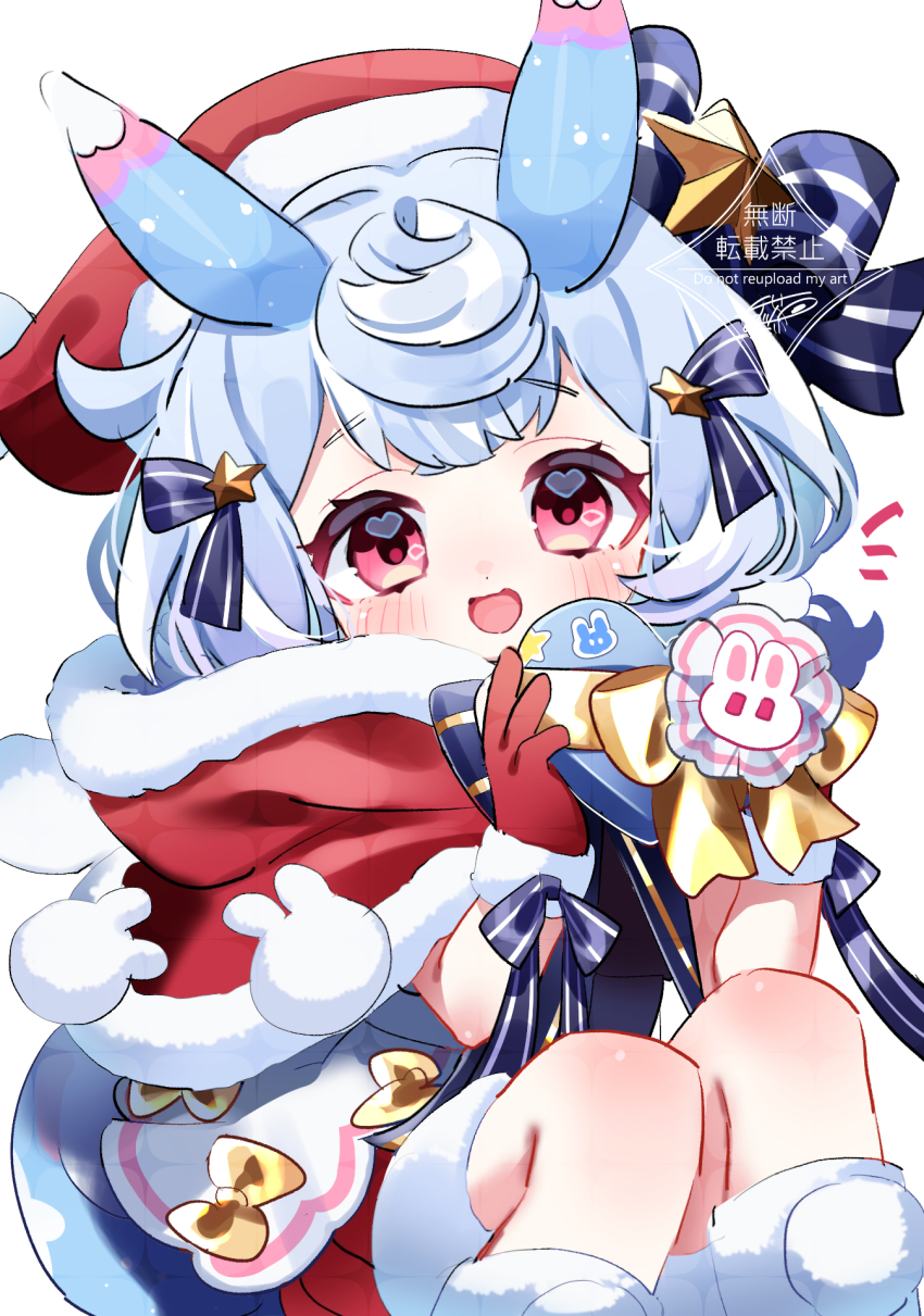 1girl :d animal_ears artist_name black_bow black_bowtie black_ribbon blue_hair blush bow bowtie capelet commentary_request crossed_bangs eyelashes fur-trimmed_capelet fur-trimmed_gloves fur-trimmed_headwear fur-trimmed_shorts fur_trim genshin_impact gloves hair_bow hair_ornament hair_ribbon hands_up hat heart highres holding knees_up looking_at_viewer low_twintails meda_cha medium_hair notice_lines open_mouth pom_pom_(clothes) pom_pom_hair_ornament red_capelet red_eyes red_gloves red_hat red_shorts ribbon santa_costume santa_hat shirt short_shorts shorts sigewinne_(genshin_impact) signature simple_background smile solo star_(symbol) star_hair_ornament sticker tail twintails watermark white_background white_shirt