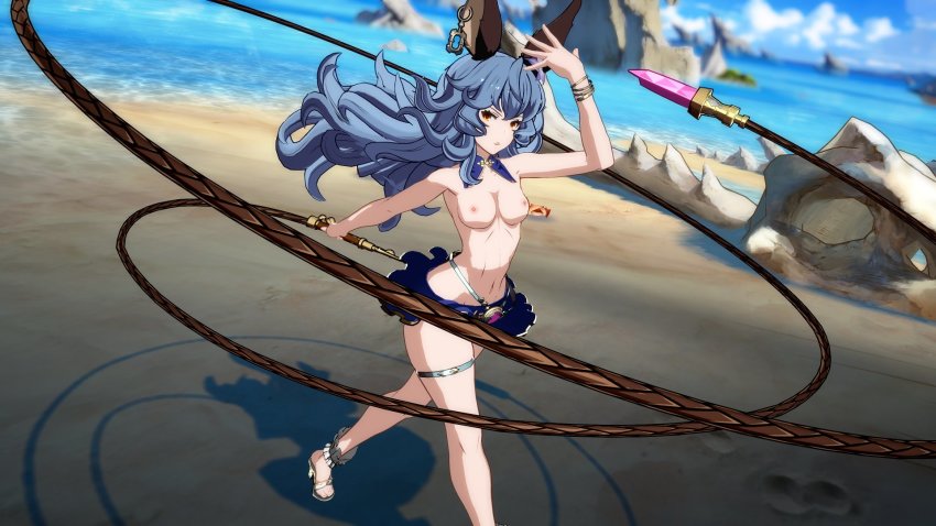 1girl 3d animal_ears blue_hair breasts erune ferry_(granblue_fantasy) granblue_fantasy granblue_fantasy_versus highres nipples no_panties topless_female whip xxsjxx