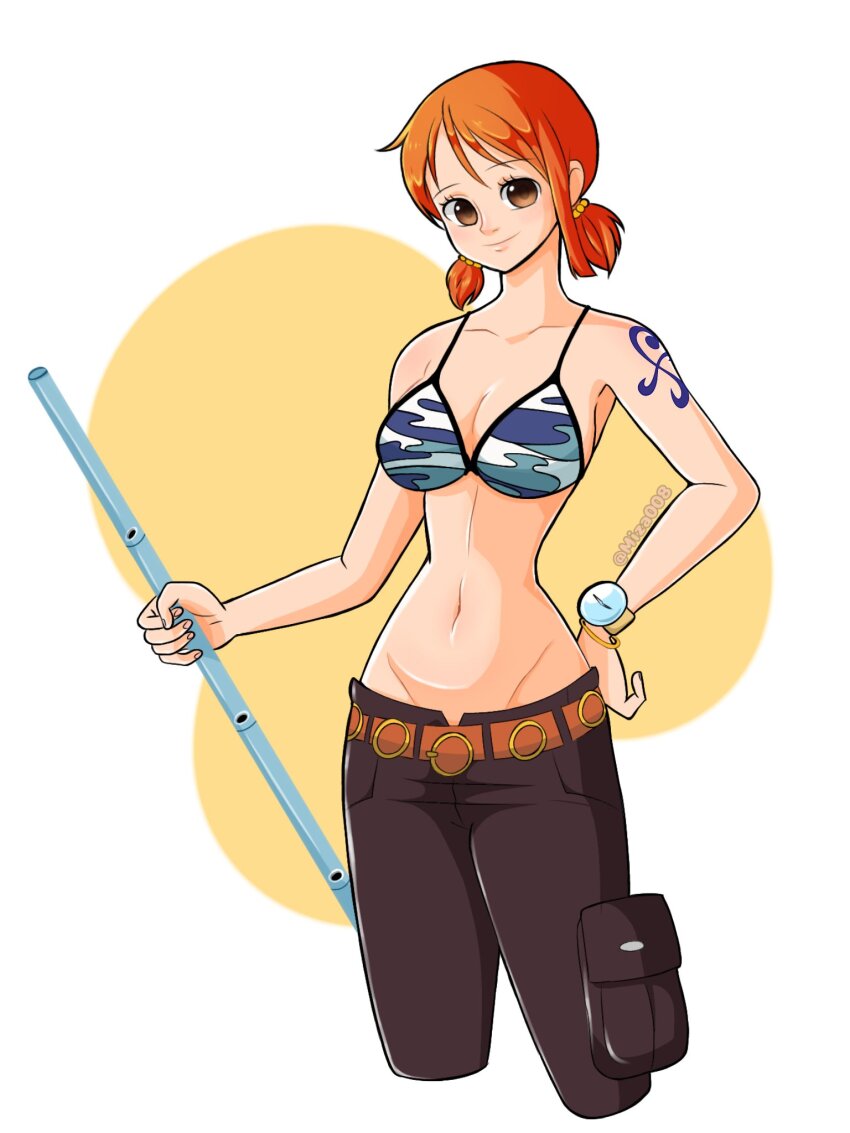 1girl arm_tattoo belt bikini bikini_top_only brown_shorts closed_mouth commentary cropped_legs english_commentary hand_on_own_hip highres holding holding_staff log_pose looking_at_viewer miza008 nami_(one_piece) nami_(one_piece)_(skypiea) one_piece orange_hair pouch shorts smile solo staff swimsuit tattoo thigh_pouch twintails twitter_username