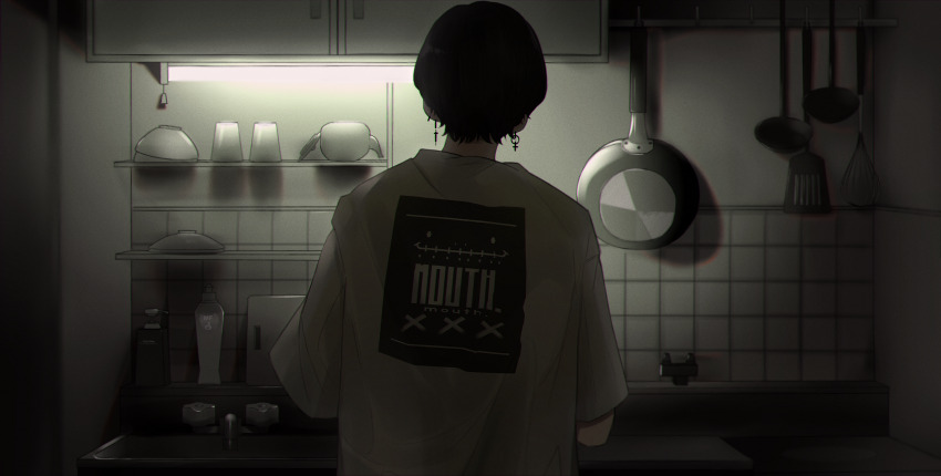 1boy absurdres black_hair bowl cross cross_earrings cup cutting_board earrings from_behind frying_pan highres indoors jewelry kitchen ladle latin_cross male_focus mano_aaa original shirt short_hair short_sleeves sink soap_bottle solo spatula t-shirt teapot tile_wall tiles upper_body whisk white_shirt
