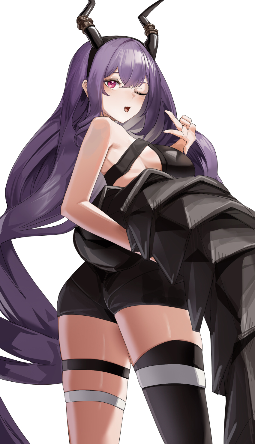 1girl ;d absurdres aoi_wakashi_chiyo arknights ass bare_shoulders black_horns black_tail black_thighhighs commentary from_behind hair_between_eyes highres horns long_hair one_eye_closed open_mouth pink_eyes purple_hair simple_background single_thighhigh smile solo tail thigh_strap thighhighs twisted_torso typhon_(arknights) v very_long_hair white_background