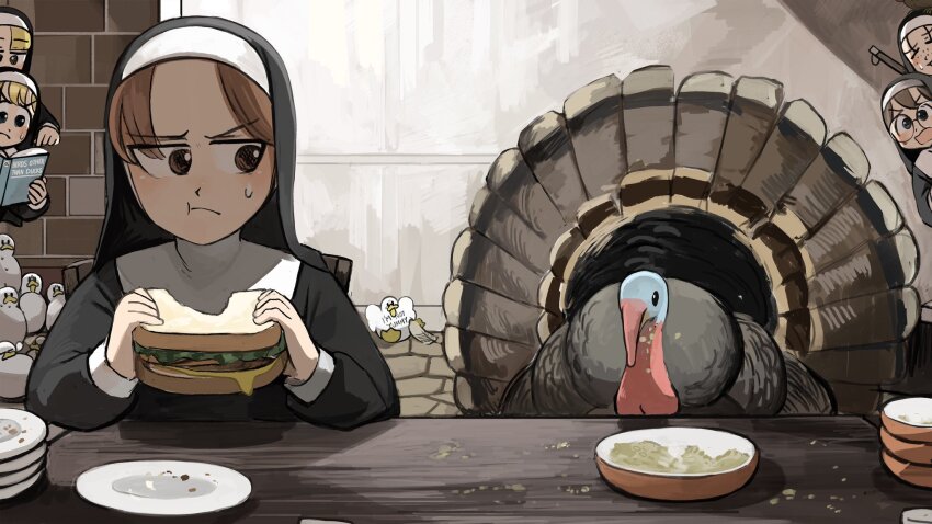 5girls bird blonde_hair blue_eyes book brown_eyes brown_hair chicken clumsy_nun_(diva) commentary diva_(hyxpk) duck eating english_commentary food freckles freckles_nun_(diva) glasses glasses_nun_(diva) habit highres hungry_nun_(diva) little_nuns_(diva) multiple_girls nun reading round_eyewear sandwich slice_of_life spicy_nun_(diva) table traditional_nun turkey_(bird)