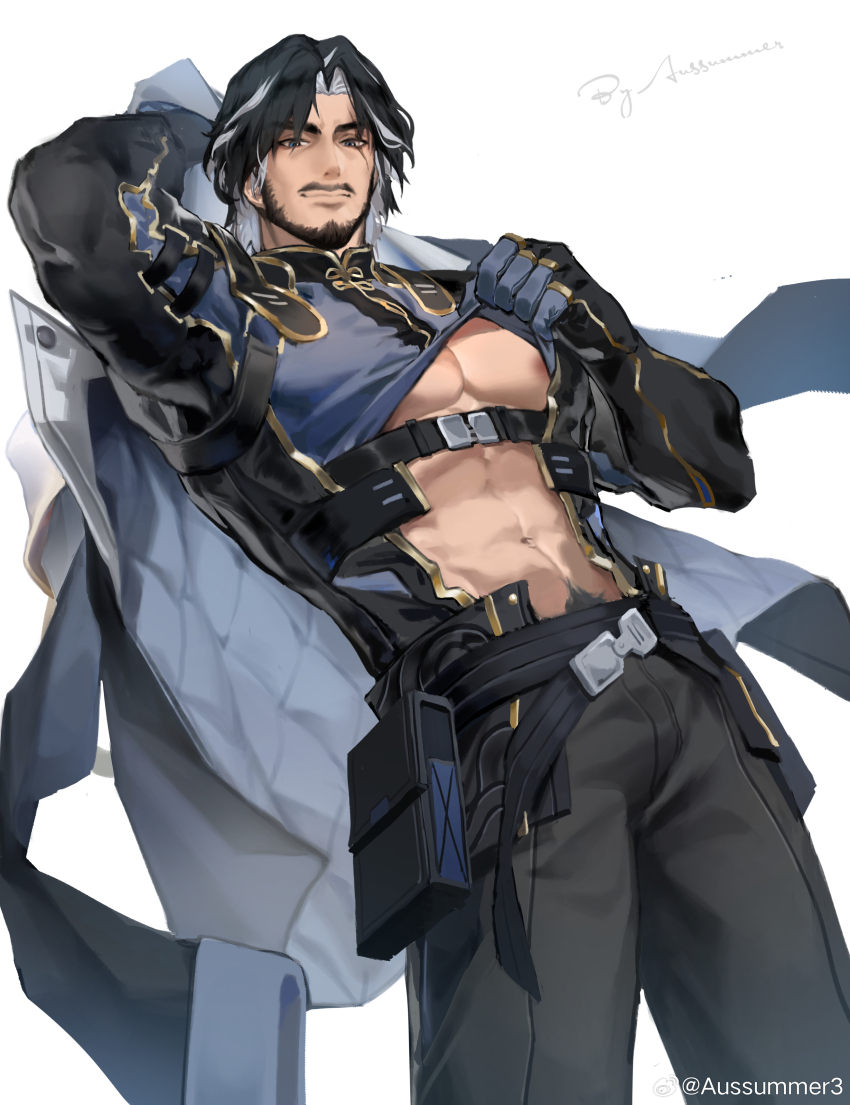 1boy absurdres artist_name aussummer bara bare_pectorals chin_strap coat facial_hair highres large_pectorals looking_at_viewer male_focus multicolored_hair mustache open_clothes open_coat pectorals pencil_mustache pubic_hair pubic_hair_peek scar scar_across_eye scar_on_face signature solo underpec wuthering_waves yhan_(wuthering_waves)