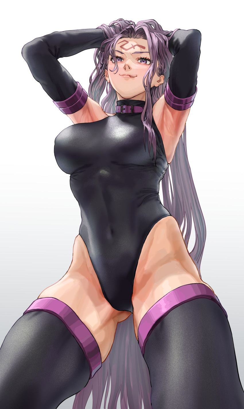 1girl absurdres armpits arms_behind_head black_gloves black_leotard black_thighhighs breasts commentary covered_navel elbow_gloves facial_mark fate/grand_order fate_(series) forehead_mark gloves highleg highleg_leotard highres large_breasts leotard licking_lips long_hair looking_at_viewer medusa_(fate) medusa_(rider)_(fate) purple_eyes purple_hair solo thighhighs tongue tongue_out tonko_from very_long_hair