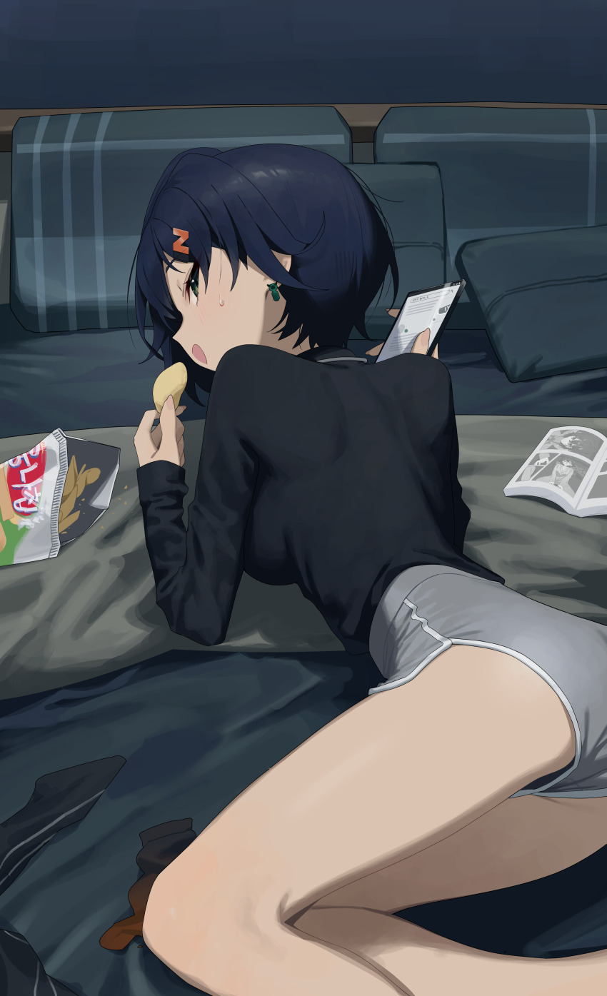 1girl absurdres bag_of_chips bed belle_(zenless_zone_zero) black_shirt blue_hair blush breasts dolphin_shorts earrings food from_behind grey_shorts hair_ornament hairclip highres holding holding_phone jewelry long_sleeves looking_at_viewer looking_back lying manga_(object) on_bed on_side on_stomach open_mouth panties phone pillow shirt short_hair short_shorts shorts socks solo sweatdrop syhan underwear unworn_socks zenless_zone_zero