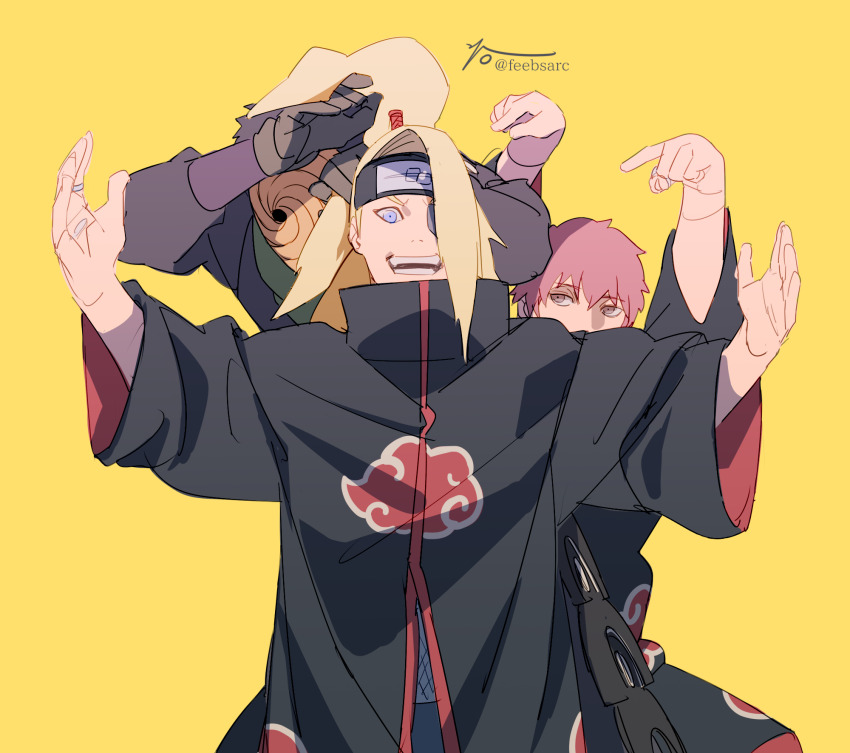 3boys :d akatsuki_uniform blonde_hair blue_eyes brown_eyes deidara_(naruto) forehead_protector hair_over_one_eye highres male_focus mask multiple_boys naruto_(series) naruto_shippuuden ninja open_mouth ponytail red_hair sasori_(naruto) short_hair simple_background smile tobi_(naruto) uchiha_obito yellow_background zifletts