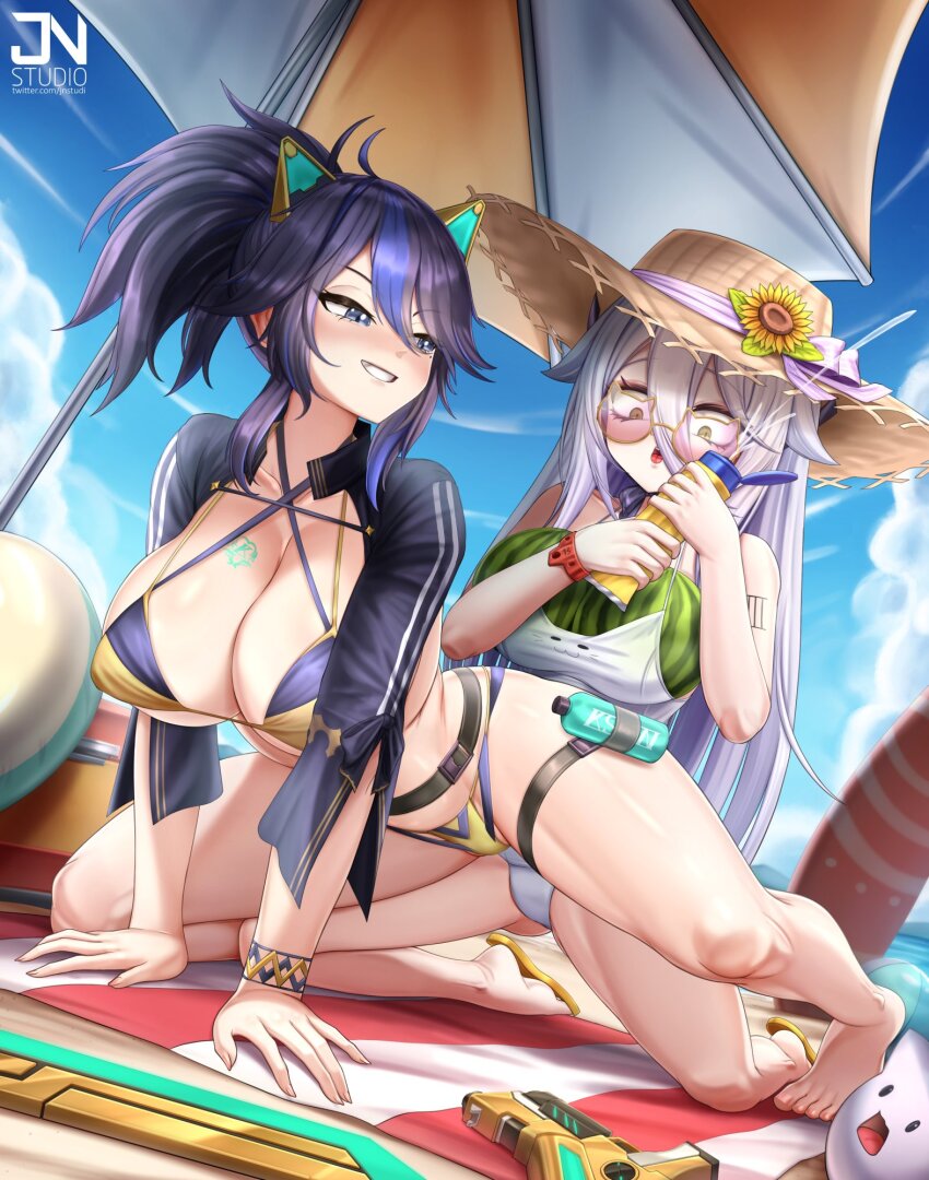 2girls animal_ears bare_shoulders beach beach_towel beach_umbrella bikini black_bikini black_hair black_jacket blue_eyes blue_hair blue_sky breasts brown_hat cat_ears cleavage cloud double_bikini fake_animal_ears food fruit grey_hair hair_between_eyes hat hen_squad_(henya_the_genius) henya_the_genius henya_the_genius_(summer) highres jacket jnstudio kson kson_(swimsuit) large_breasts long_hair looking_at_viewer lotion mole mole_under_eye multicolored_hair multiple_girls one-piece_swimsuit sky small_breasts streaked_hair sun_hat sunscreen swimsuit thigh_strap towel umbrella very_long_hair virtual_youtuber vshojo watermelon white_one-piece_swimsuit yellow_bikini yellow_eyes